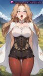 1girl 1girl 1girls 2025 ahegao ai ai_assisted ai_generated anime anime_style arms_behind_back artist_name ass_visible_through_thighs big_breasts big_breasts black_shorts blonde_hair blue_eyes blue_sky blush breasts brown_hair brown_pantyhose bust cape choker cloud collarbone corset cowboy_shot criss-cross_halter day earrings female_focus female_only female_solo flower forehead frills halterneck hentai high-waist_shorts high_quality high_res high_res high_resolution jewelry legwear_under_shorts long_hair looking_at_viewer medium_breasts methode_(sousou_no_frieren) mountain natsuyoru non-asian open_mouth outside pantyhose pantyhose_under_shorts parted_bangs patreon rolling_eyes shirt short_shorts shorts sky solo_female sousou_no_frieren stable_diffusion standing thigh_gap tongue tongue_out underbust voluptuous voluptuous_female white_cape white_choker white_shirt