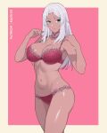 1girl 1girl 1girl alluring artist_name bbig_breasts blue_eyes border bra choker closed_mouth cowboy_shot dark-skinned_female dark_skin elma_(xenoblade_x) female_focus female_only grey_hair hands_up high_res kaos_art long_hair looking_at_viewer navel only_female panties pink_background shiny shiny_breasts shiny_legs shiny_skin smile underwear white_hair xenoblade_(series) xenoblade_chronicles_x