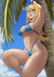 1girl 1girl 1girl 2022 abs absurd_res alluring athletic_female beach beauty_mark big_breasts bikini blonde_female blonde_hair blue_bikini blue_eyes bracelet echosaber female_abs female_only fit_female hips long_hair looking_away metroid nintendo outside samus_aran slim_waist thick_thighs thighs wide_hips