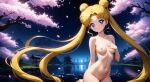 1girl arm_behind_back belly_button blonde_hair blue_eyes blush breasts cherry_blossoms closed_mouth collarbone completely_nude double_bun gtaz hair_bun hand_on_own_chest long_hair looking_at_viewer medium_breasts night night_sky nipples nude outside parted_bangs petals sky smile tree twin_tails usagi_tsukino very_long_hair water