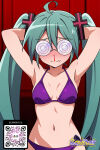 1girl 1girl 1girl @_@ ahoge ai_generated aqua_hair armpits arms_behind_head arms_up bangs bikini blood blush breasts clothing coke-bottle_glasses eyewear glasses hair_ornament littlehentai long_hair looking_at_viewer miku_hatsune navel nosebleed purple_bikini purple_swimsuit savitar savitar_(artist) small_breasts sweat swimsuit tied_hair twin_tails very_long_hair vocaloid