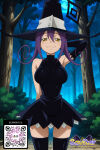 1girl 1girl 1girl :3 ai_generated bangs bare_shoulders big_breasts black_dress black_headwear black_legwear black_thighhighs blush breasts closed_mouth clothing detached_sleeves dress elbow_gloves forest gloves hair_between_eyes halloween hat headwear legwear littlehentai long_hair looking_at_viewer moon nature night night_sky outside pov purple_hair savitar savitar_(artist) sky smile spellcaster standing stockings thighs tree witch witch_hat yellow_eyes zettai_ryouiki