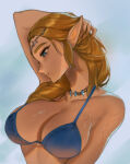 1girl 1girl adjusting_hair alluring big_breasts bikini blonde_hair blue_bikini blue_eyes circlet cleavage closed_mouth jewelry long_hair necklace pointy_ears princess_zelda simple_background swimsuit the_legend_of_zelda the_legend_of_zelda:_tears_of_the_kingdom tommietomm tommy_(kingdukeee) upper_body wet