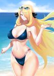 1girl 1girl 1girl absurd_res alluring anagumasan beach big_breasts bikini blonde_hair cleavage cynthia cynthia_(pokemon) female_only high_res looking_at_viewer nintendo pokemon thighs wide_hips