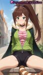 1girl 1girl 1girls 2025 ai ai_generated anime anime_style asian bangs big_breasts black_choker black_shorts blue_sky blush bowlegged_pose breasts brown_hair building bust cape choker closed_mouth collarbone day female_focus female_only fur_trim green_cape green_eyes green_jacket hair_intakes hentai high_ponytail high_quality high_res high_res high_resolution jacket kono_subarashii_sekai_ni_shukufuku_wo! long_hair looking_at_viewer medium_breasts natsuyoru open_clothes open_jacket outside partially_unzipped patreon pink_shirt ponytail raccoon_tail rin_(konosuba) road shirt short_shorts shorts sitting sky solo_female spread_legs stable_diffusion street striped striped_clothes striped_shirt striped_tail tail thighs unzipped voluptuous voluptuous_female zipper zipper_pull_tab