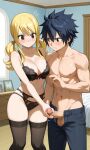 ai_generated black_bra black_hair black_lingerie_panties blonde_hair erection fairy_tail gray_fullbuster imminent_sex lucy_heartfilia pants penis_out topless_male twin_tails