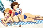  2_girls alluring ass barefoot beach bikini blonde_hair blue_eyes breasts brown_eyes brown_hair clothed emilie_de_rochefort kazama_asuka medium_breasts namco official_art pale-skinned_female pale_skin popsicle summer tan_skin tekken tekken_7 tekken_tag_tournament_2 