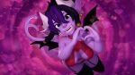 3d 3d_(artwork) 3d_model big_breasts big_breasts black_thighhighs boob_window choker demon_girl demon_horns demon_tail demon_wings earrings fangs green_eyes heart_hands hearts hearts_in_background long_ears pink_background pointy_ears purple_background purple_hair purple_skin red_clothing short_hair smile stockings thenaysayer34