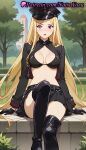 1girl 1girls 2025 ai ai_generated anime anime_style belt big_breasts big_breasts bikini bikini_top bikini_top_only bishamon bishamon_(noragami) black_belt black_bikini black_bra black_footwear black_gloves black_headwear black_jacket black_skirt black_thighhighs blonde_hair blue_sky blush boots bra breasts bust cleavage cropped_jacket day female_focus female_only gloves hat hentai high_quality high_res high_res high_resolution jacket knee_up lipstick long_hair long_sleeves looking_at_viewer makeup medium_breasts miniskirt natsuyoru navel noragami open_clothes open_jacket open_mouth outside parted_lips patreon peaked_cap pleated_skirt police_hat purple_eyes red_lips shrug_(clothing) sitting skirt sky solo_female stable_diffusion stockings stomach swimsuit thigh_high_boots tree underwear very_long_hair voluptuous voluptuous_female zipper