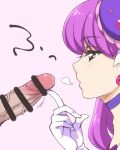 1girl bar_censor censored collar cure_macaron digital_media_(artwork) earrings food_themed_hair hair_ornament human index_finger_raised jewelry kirakira_precure kirakira_precure_a_la_mode macaron_hair_ornament mikagami_sou penis precure purple_choker purple_eyes purple_hair white_gloves