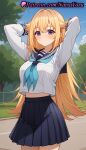 1girl 1girl 1girls 2025 ahoge ai ai_generated anime anime_style arms_behind_head arms_up bangs big_breasts big_breasts black_skirt blonde_hair blue_neckerchief blue_sailor_collar blue_skirt blue_sky blush breasts bust closed_mouth cowboy_shot crop_top crop_top_overhang day female_focus female_only hair_flaps hair_intakes hentai high_quality high_res high_res high_resolution koshi_torako long_hair long_sleeves looking_at_viewer midriff midriff_peek miniskirt my_deer_friend_nokotan natsuyoru navel neckerchief outside patreon pleated_skirt purple_eyes sailor_collar sailor_uniform school_uniform serafuku shikanoko_nokonoko_koshitantan shirt shirt_overhang skirt sky smile solo_female stable_diffusion standing thighs tree very_long_hair voluptuous voluptuous_female white_shirt