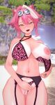 1girl 3d beach big_breasts bikini black_garter_belt breasts deluxe_rosie female_only garter_belt goggles goggles_on_head hololive hololive_english leopard_print_bikini one_breast_out one_nipple_out outside panther_ears panther_girl pink_bikini pink_hair pussy raora_panthera short_hair smile solo_female streaked_hair tan_line virtual_youtuber vtuber white_hair yellow_eyes