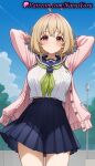 1girl 1girl 1girls 2025 ahoge ai ai_generated anime anime_style arms_behind_head arms_up bangs big_breasts big_breasts blonde_hair blue_sailor_collar blue_skirt blue_sky blush breast_pocket breasts bust cardigan closed_mouth cloud cowboy_shot day female_focus female_only green_neckerchief hentai high-waist_skirt high_quality high_res high_res high_resolution lamppost light_brown_hair long_sleeves looking_at_viewer medium_hair midriff_peek my_deer_friend_nokotan natsuyoru neckerchief open_cardigan open_clothes outside patreon pink_cardigan pink_eyes pleated_skirt pocket purple_eyes red_eyes sailor_collar sailor_uniform school_uniform serafuku shikanoko_nokonoko_koshitantan shirt short_hair skirt sky smile solo_female stable_diffusion tanukikouji_kinu thighs voluptuous voluptuous_female white_shirt