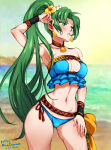 1girl alternate_costume arm_up armpits artist_name asymmetrical_bangs bangs bare_legs bare_shoulders beach bikini blue_bikini blue_swimsuit blush breasts cleavage cleavage_cutout collarbone cutout dated day earrings expresiones eyebrows_visible_through_hair female_only female_solo fire_emblem fire_emblem_blazing_sword fire_emblem_heroes flower frilled_bikini frilled_swimsuit frills green_eyes green_hair hair_flower hair_ornament half-closed_eyes high_ponytail jewelry legs long_hair looking_to_the_side lyn lyndis lyndis_(fire_emblem) lynette_bishop medium_breasts midriff mina_cream navel neck necklace nintendo nipples ocean official_alternate_costume outside parted_lips ponytail sand serious standing strapless strapless_bikini strapless_swimsuit summer_lyn summer_lyndis swimsuit thick_thighs thighs tied_hair very_long_hair water white_flower yellow_flower