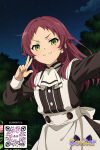 1girl 1girl 1girl :3 ai_generated apron bangs black_dress blush closed_mouth clothing dress frills green_eyes headdress littlehentai long_hair long_sleeves looking_at_viewer maid maid_apron night night_sky outside red_hair savitar savitar_(artist) sitting sky smile smug star_(sky) starry_sky uniform white_apron