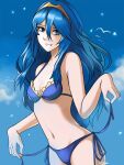 1girl 1girl alluring alternate_costume bare_midriff bikini blue_bikini blue_eyes blue_hair blue_swimsuit fire_emblem fire_emblem_awakening long_hair lucina lucina_(fire_emblem) nintendo shy_smile small_breasts smile swimsuit symbol-shaped_pupils tiara tommietomm