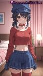 1girl 1girl 1girls 2025 ai ai_generated animal_ear_headwear animal_ears anime anime_style arms_at_sides asian bangs bed bedroom bell big_breasts big_breasts black_eyes black_gloves black_hair blue_gloves blue_headwear blue_skirt blush breasts bust cabbie_hat cappie_(miside) choker closed_mouth clothing collar collarbone cool_mita_(miside) cowboy_shot crop_top crop_top_overhang cropped_shirt curtains expressionless facial_mark fake_animal_ears female_focus female_only female_solo gloves hat hentai high_quality high_res high_res high_resolution indoors jingle_bell lamp linea_alba lips long_hair long_sleeves looking_at_viewer low_ponytail medium_breasts midriff miniskirt miside mita_(miside) natsuyoru navel neck_bell non-asian patreon pillow pleated_skirt ponytail red_choker red_legwear red_shirt red_thighhighs shirt short_ponytail sidelocks skindentation skirt solo_female stable_diffusion standing stockings stomach swept_bangs thighs twin_tails voluptuous voluptuous_female wooden_floor zettai_ryouiki