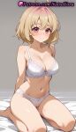 1girl 1girl 1girls 2025 ahoge ai ai_generated anime anime_style arms_behind_back asian bangs bare_arms bare_legs bare_shoulders barefoot bed_sheet big_breasts big_breasts blonde_hair blush bow_bra bow_panties bra breasts bust cameltoe cleavage closed_mouth collarbone female_focus female_only full_body grey_background hentai high_quality high_res high_res high_resolution kneel lingerie looking_at_viewer medium_breasts my_deer_friend_nokotan natsuyoru navel nose_blush on_bed panties panties patreon pussy pussy_juice pussy_juice_drip_through_clothes pussy_juice_stain red_eyes seiza shikanoko_nokonoko_koshitantan short_hair simple_background sitting smile solo_female stable_diffusion stomach tanukikouji_kinu thighs underwear underwear_only voluptuous voluptuous_female white_bra white_panties