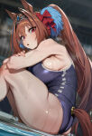 ai_generated artist_request bare_thighs blush brown_hair daiwa_scarlet_(umamusume) gigantic_breasts horse_ears horse_girl horse_tail huge_breasts huge_thighs light-skinned_female light_skin long_hair looking_at_viewer massive_breasts one-piece_swimsuit pink_eyes solo_female squatting sweat sweatdrop thick_body thick_female thick_thighs thighs twin_tails umamusume umamusume_pretty_derby voluptuous voluptuous_female