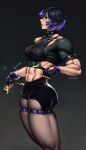 1girl abs alluring artist_name athletic_female black_and_purple_hair black_shorts collar commentary crop_top electricity english_commentary female_abs fingerless_gloves fit_female gloves high_res looking_to_the_side mootium multicolored_hair namco reina_(tekken) shorts simple_background tekken tekken_8 thick_thighs thighs twitter_username two-tone_hair