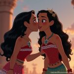 2_girls black_hair brown_eyes couple dark-skinned_female dark_skin disney dual_persona duo eye_contact female_only kissing long_hair looking_at_another love moana_(disney) moana_waialiki multiple_girls mutual_yuri romantic romantic_couple selfcest yuri