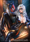 1girl big_breasts black_bodysuit black_cat_(marvel) black_choker blue_eyes bodysuit breasts choker cleavage domino_mask felicia_hardy female_only female_solo lips long_hair looking_at_viewer marvel marvel_comics mask neoartcore open_mouth sitting smile spider-man_(series) tongue white_hair