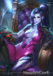 1girl blizzard_entertainment blue_hair blue_skin bodysuit breasts earrings female_only female_solo high_ponytail hoop_earrings jewelry long_hair looking_at_viewer medium_breasts neoartcore overwatch ponytail widowmaker widowmaker_(overwatch)