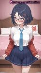 1girl 1girl 1girls 2025 ahoge ai ai_generated anime anime_style averting_eyes bangs bed bedroom big_breasts big_breasts black-framed_eyewear black_hair blouse blue_eyes blue_hair blue_necktie blue_skirt blush breasts bust cardigan closed_mouth collared_shirt female_focus female_only glasses hair_clips hair_ornament hairclip hentai high_quality high_res high_res high_resolution indoors jacket long_sleeves looking_at_viewer looking_away looking_to_the_side medium_breasts megane mila_(miside) miside mita_(miside) natsuyoru neck_tie off_shoulder on_bed open_cardigan open_clothes patreon pillow pleated_skirt red_cardigan red_jacket school_uniform shirt shirt_tucked_in short_hair skirt skirt_hold skirt_lift smile solo_female stable_diffusion tie voluptuous voluptuous_female white_shirt wooden_floor