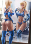 1girl 1girl alluring ass athletic_female big_breasts bikini billygrilly blonde_hair blue_bikini blue_thighhighs cellphone cleavage female_abs fit_female gloves gym hand_on_own_hip headphones high_res legs metroid mirror nintendo phone ponytail samus_aran shiny_skin sidelocks sports_bra standing stockings sweat swimsuit tongue tongue_out wet