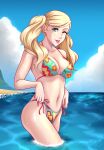 1girl ;p absurd_res adjusting_clothes adjusting_swimsuit ann_takamaki atlus beach big_breasts bikini blonde_hair blue_eyes blue_sky cloud collarbone commentary covered_erect_nipples cowboy_shot day earrings english_commentary floral_print high_res jewelry long_hair looking_at_viewer muff17 navel ocean one_eye_closed outside persona persona_5 print_bikini side-tie_bikini_bottom sky strap_gap stud_earrings swimsuit tongue tongue_out twin_tails wading water wavy_hair wet