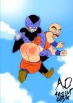 2boys ancient-onyx artist_signature ass bald big_ass big_ass cell_junior clouds dragon_ball dragon_ball_z fist_clenched floating human humiliation krillin kuririn male male_focus male_only no_visible_genitalia one_eye_closed otk_spanking over_the_knee_spanking pants_down sky solo_human spanked_butt spanking story_at_source