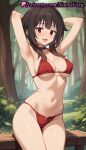 1girl 1girl 1girls 2025 ai ai_generated alternate_breast_size anime anime_style armpit armpits arms_behind_head arms_up artist_name asian ass_visible_through_thighs bangs bare_arms bare_shoulders bench big_breasts big_breasts bikini black_choker black_hair blush breasts brown_hair bush bust choker clothing collar collarbone covered_nipples cowboy_shot female_focus female_only female_solo forest halterneck hentai high_quality high_res high_res high_resolution kono_subarashii_sekai_ni_shukufuku_wo! looking_at_viewer medium_breasts medium_hair megumin micro_bikini natsuyoru nature navel open_mouth outside patreon red_bikini red_eyes short_hair short_hair_with_long_locks sidelocks smile solo_female stable_diffusion stomach string_bikini swimsuit thigh_gap thighs tree under_boob voluptuous voluptuous_female