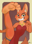 anthro_fox artist_request blue_panties brown_background clenched_hand diane_foxington dress_lift foot_fetish fox_ears fox_girl fur furry green_eyes introvertedpooch kicking long_dress looking_at_viewer necklace orange_fur panties piercing red_dress small_breasts smile the_bad_guys tongue