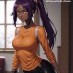 1girl 1girl ai_generated bleach close-up clothing dark-skinned_female dark_skin female_only looking_at_viewer purple_hair untoldcreate yoruichi_shihouin