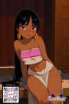 1girl 1girl 1girl ai_generated bangs bare_shoulders black_hair blunt_bangs blush bracelet breasts brown_eyes chel_(the_road_to_el_dorado) clavicle cleavage closed_mouth clothing copyright_name cowboy_shot crop_top dark-skinned_female dark_skin earrings female_only indoors jewelry lips littlehentai logo loincloth long_hair looking_at_viewer midriff navel pelvic_curtain savitar savitar_(artist) standing strapless the_road_to_el_dorado thighs very_long_hair