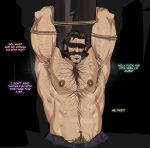 1boy 2026 beard blindfold body_hair brown_hair captured english_text hairy_male human league_of_legends malcolm_graves male musky musky_armpit out_of_frame restrained revealyoursins rope_bondage scar scar_on_stomach solo_male