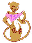 1girl 3:4 anthro barbara_ann_minerva bottomless breasts brown_body brown_fur cheetah cheetah_(dc) clothed clothing clothing_lift crop_top dc_comics dcau english_text featureless_crotch felid feline female fur green_eyes grin high_res jegc justice_league looking_at_viewer mammal midriff naughty_face no_underwear pinup pose shirt shirt_lift smile solo t-shirt text topwear under_boob warner_brothers wonder_woman_(series)