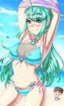 1boy 1girl anisdrawn beach big_breasts bikini brown_hair canon_couple green_eyes green_hair heart heart-shaped_pupils husband_and_wife nintendo pneuma_(xenoblade) rex_(xenoblade) smile swimsuit xenoblade_(series) xenoblade_chronicles_2