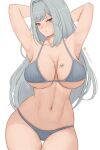 1girl 1girl alluring arms_up big_breasts bikini blue_bikini blue_eyes blush breast_tattoo cleavage ethel_(xenoblade) grey_hair high_res long_hair looking_at_viewer open_mouth simple_background standing swimsuit tattoo under_boob very_long_hair white_background xenoblade_(series) xenoblade_chronicles_3 zelc-face