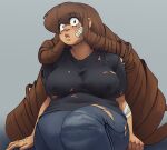 1girl 1girl bandages bandaid bandaid_on_face bangs big_breasts black_eyes black_shirt blush breasts brown_hair chubby chubby_female clothing coolerinker dark-skinned_female dark_skin denim drill_hair huge_breasts inker_comics inkershike jeans latina lips long_hair looking_at_viewer maria_(inkershike) original_character pants plump shirt simple_background sitting sweat t-shirt thick_thighs thighs torn_clothes torn_jeans torn_pants torn_shirt very_dark_skin very_long_hair