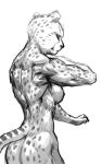 1girl 5:8 anthro ass athletic back_muscles barbara_ann_minerva biceps biped breasts cheetah cheetah_(dc) dc_comics felid feline female greyscale mammal monochrome muscular muscular_anthro muscular_female nipples nude pokkuti rear_view side_boob simple_background solo standing tail white_background wonder_woman_(series)