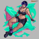 1girl abs alluring athletic_female big_breasts black_hair cleavage curvaceous curvy curvy_body curvy_female curvy_figure equinox006 female_abs female_focus female_only fit_female fully_clothed hourglass_figure muscle_tone namco purple_eyes purple_hair reina_(tekken) sitting tekken tekken_8 thick_thighs toned toned_female two_tone_hair wide_hips