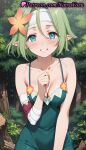 2025 ai_generated anime anime_style aqua_eyes bandaged_arm bandages bare_shoulders big_breasts blush breasts bust cleavage collarbone day dress elf elf_ears female_focus flower flowers forest green_dress green_eyes green_hair grin hair_between_eyes hair_flower hair_ornament hand_up headband hentai high_quality high_res high_resolution kono_subarashii_sekai_ni_shukufuku_wo! looking_at_viewer medium_breasts natsuyoru nature orange_flower outside patreon pointed_ears pointy_ears short_hair sleeveless sleeveless_dress smile spaghetti_strap stable_diffusion tranquility_girl tree tree_stump voluptuous voluptuous_female white_headband