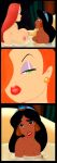 2_girls 3koma aladdin_(1992_disney_film) aladdin_(series) arabian_female bath bathing black_eyes black_hair breast_envy breasts brown_eyes closed_mouth comic crossover dark-skinned_female dark_skin disney duo earrings eye_contact eyeshadow female_only green_eyes hair_over_one_eye head_tilt huge_breasts indoors jessica_rabbit jewelry lips lipstick long_hair looking_at_another looking_at_viewer makeup medium_breasts multiple_girls neck nervous nipples nude nude_female orange_hair parted_lips princess princess_jasmine purple_eyeshadow red_hair red_lipstick scary serious shared_bathing straight_hair upper_body water wet who_framed_roger_rabbit