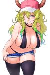 1girl baseball_cap big_breasts bikini black_legwear blonde_hair blush breasts choker cleavage dragon_girl dragon_horns erect_nipples female_only gradient_hair green_hair hat high_res horns huge_breasts kobayashi-san_chi_no_maidragon long_hair looking_at_viewer miss_kobayashi's_dragon_maid multicolored_hair navel onsoku_maru quetzalcoatl_(dragon_maid) short_shorts shorts shorts_pull simple_background smile solo_female stockings swimsuit undressing white_background