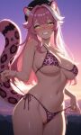 1girl ai_generated big_breasts bikini blush breasts female_only hat hololive hololive_english long_hair luminal_lumi outside panther_ears panther_girl panther_print_bikini panther_tail pink_bikini pink_hair pulling_bikini pussy raora_panthera smile solo_female streaked_hair sunset virtual_youtuber vtuber white_hair yellow_eyes