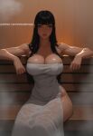 1girl ai_generated ai_women arms arms_spread bare_legs bare_shoulders bare_thighs big_breasts black_hair eveandmaya fit_female hot long_hair looking_at_viewer muscle muscular muscular_female naked_towel patreon pose sauna sexy sexy.ai steam tease thick_thighs towel towel_only