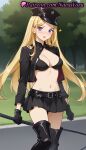 2025 ai_generated anime anime_style belt big_breasts bikini bikini_top bikini_top_only bishamon bishamon_(noragami) black_belt black_bikini black_bra black_footwear black_gloves black_headwear black_jacket black_skirt black_thighhighs blonde_hair blush boots breasts bust cleavage cowboy_shot cropped_jacket day female_focus gloves hat hentai high_quality high_res high_resolution holding holding_whip jacket leather lipstick long_hair long_sleeves looking_at_viewer makeup medium_breasts miniskirt natsuyoru navel noragami nose_blush open_clothes open_jacket open_mouth outside parted_bangs parted_lips patreon peaked_cap pleated_skirt police_hat purple_eyes red_lips riding_crop shrug_(clothing) skirt stable_diffusion standing stockings stomach swimsuit thigh_high_boots thighs tongue tongue_out underwear very_long_hair voluptuous voluptuous_female whip zettai_ryouiki