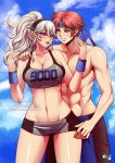 1boy 1girl big_breasts blue_eyes corrin_(fire_emblem) corrin_(fire_emblem)_(female) fire_emblem fire_emblem_fates intelligent_systems jadenkaiba magenta_eyes nintendo red_hair roy_(fire_emblem) shirtless_male short_shorts shorts silver_hair sports_bra super_smash_bros_melee