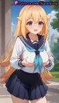 1girl 1girl 1girls 2025 ahoge ai ai_generated anime anime_style bangs big_breasts big_breasts black_skirt blonde_hair blue_neckerchief blue_sailor_collar blue_skirt blue_sky blush braid breast_hold breast_lift breasts bust collarbone cowboy_shot day female_focus female_only grabbing_own_breast hair_between_eyes hair_flaps hentai high_quality high_res high_res high_resolution koshi_torako long_hair long_sleeves looking_at_viewer medium_breasts miniskirt my_deer_friend_nokotan natsuyoru neckerchief open_mouth outside patreon pink_eyes pleated_skirt purple_eyes sailor_collar sailor_uniform school_uniform serafuku shikanoko_nokonoko_koshitantan shirt skirt sky smile solo_female stable_diffusion very_long_hair voluptuous voluptuous_female white_shirt